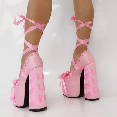 Bow Lolita Platform Lace-up Chunky Heel Pumps