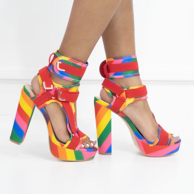 Canvas Rainbow Ankle Strap Chunky Heel Sandals