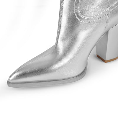 Metallic Pointed Toe Mid-Calf Chunky Heel Western Boots