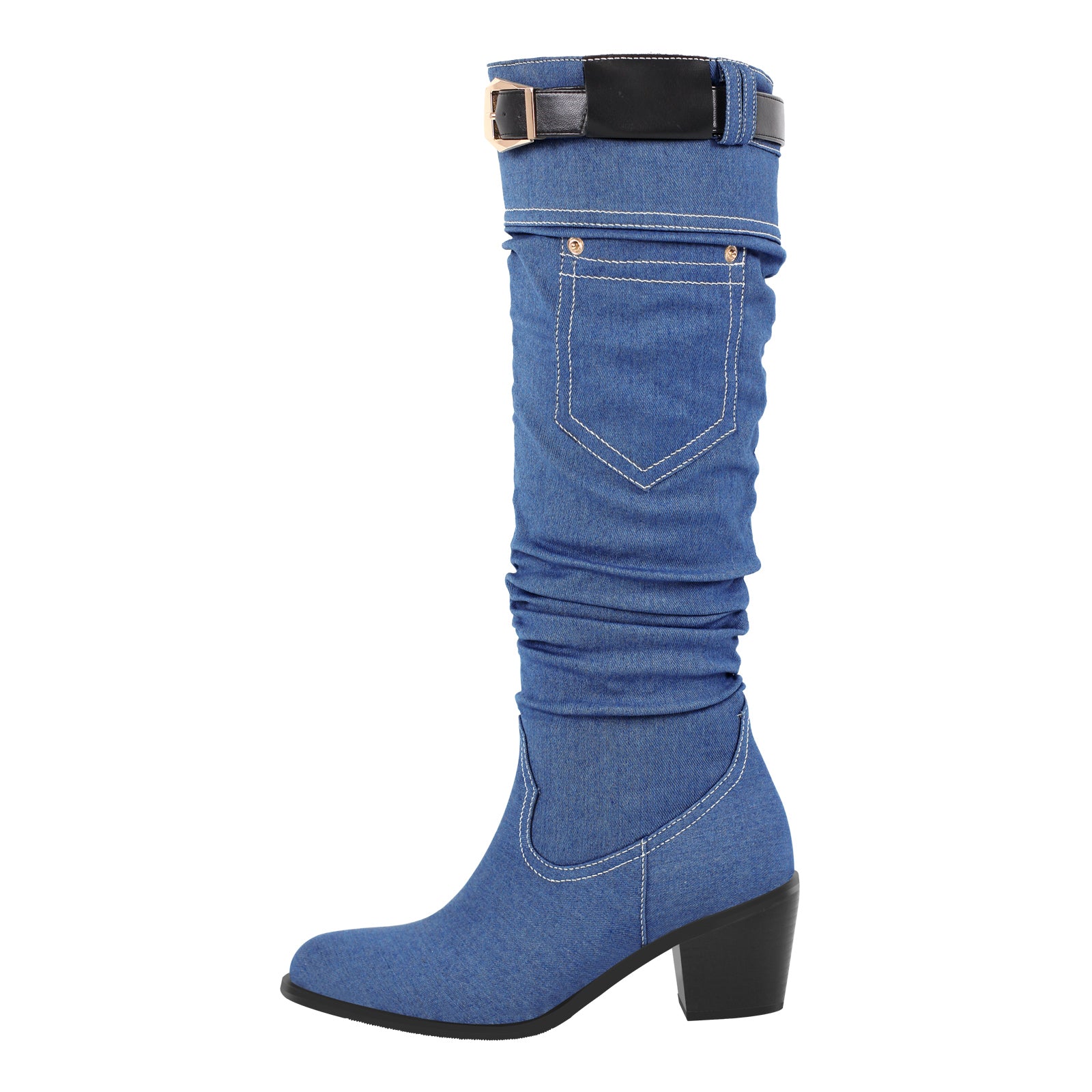 Denim Pointed Toe Chunky Heel Short Boots main image 1