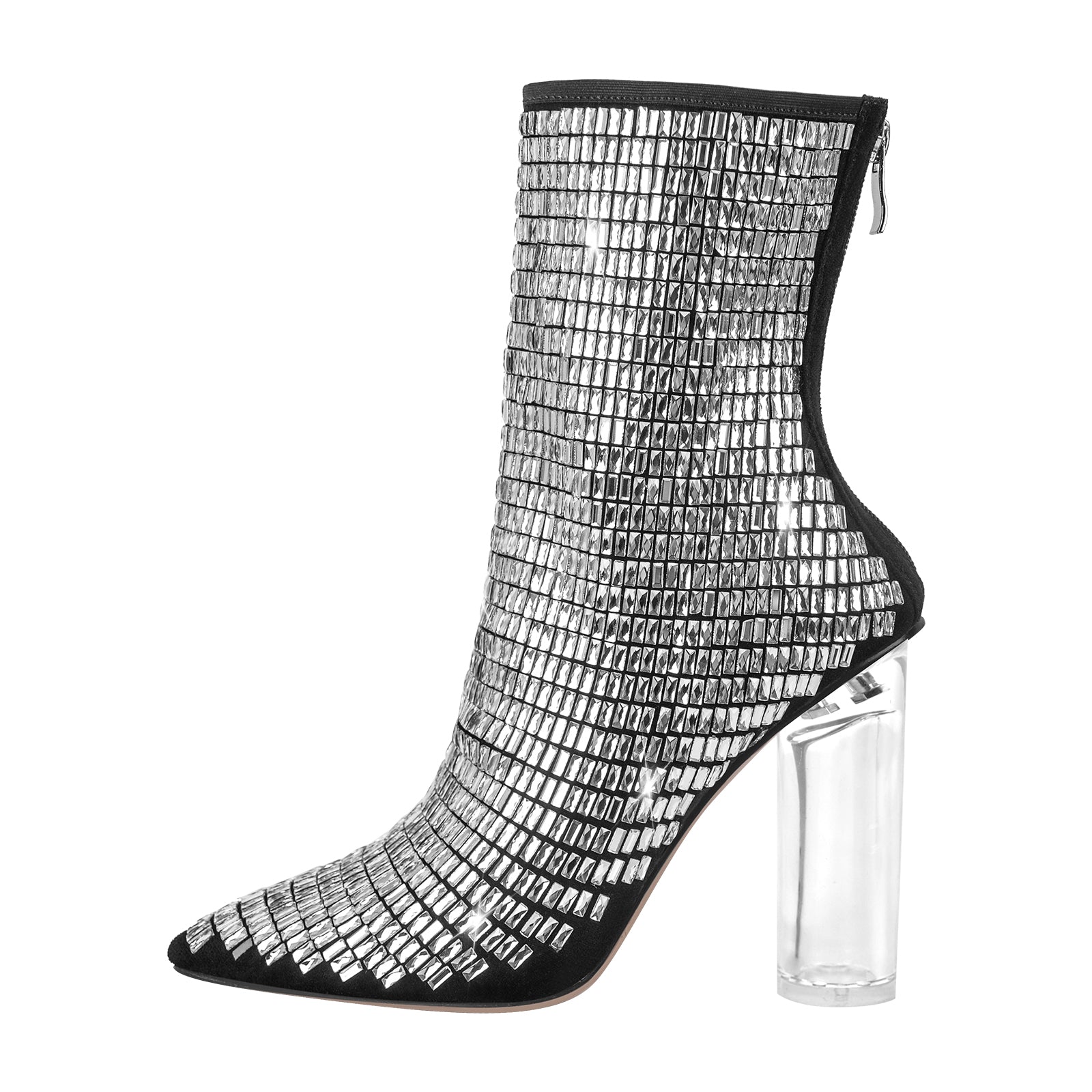 Rhinestone Pointed Toe Clear Chunky Heel Ankle Boots Onlymaker