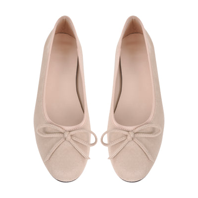 Bow Round Toe Suede Natural Ballet Flats