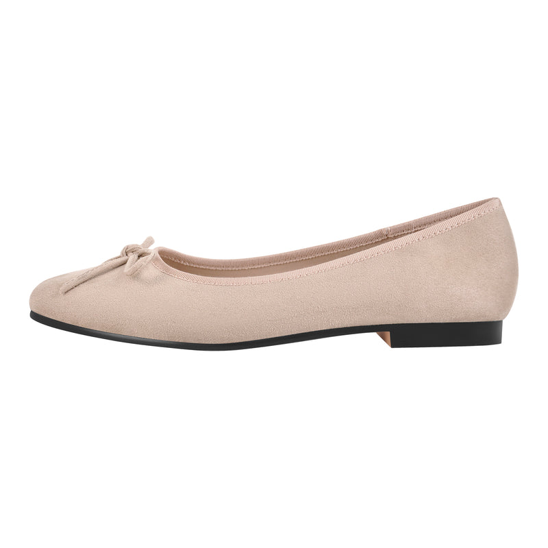 Bow Round Toe Suede Natural Ballet Flats
