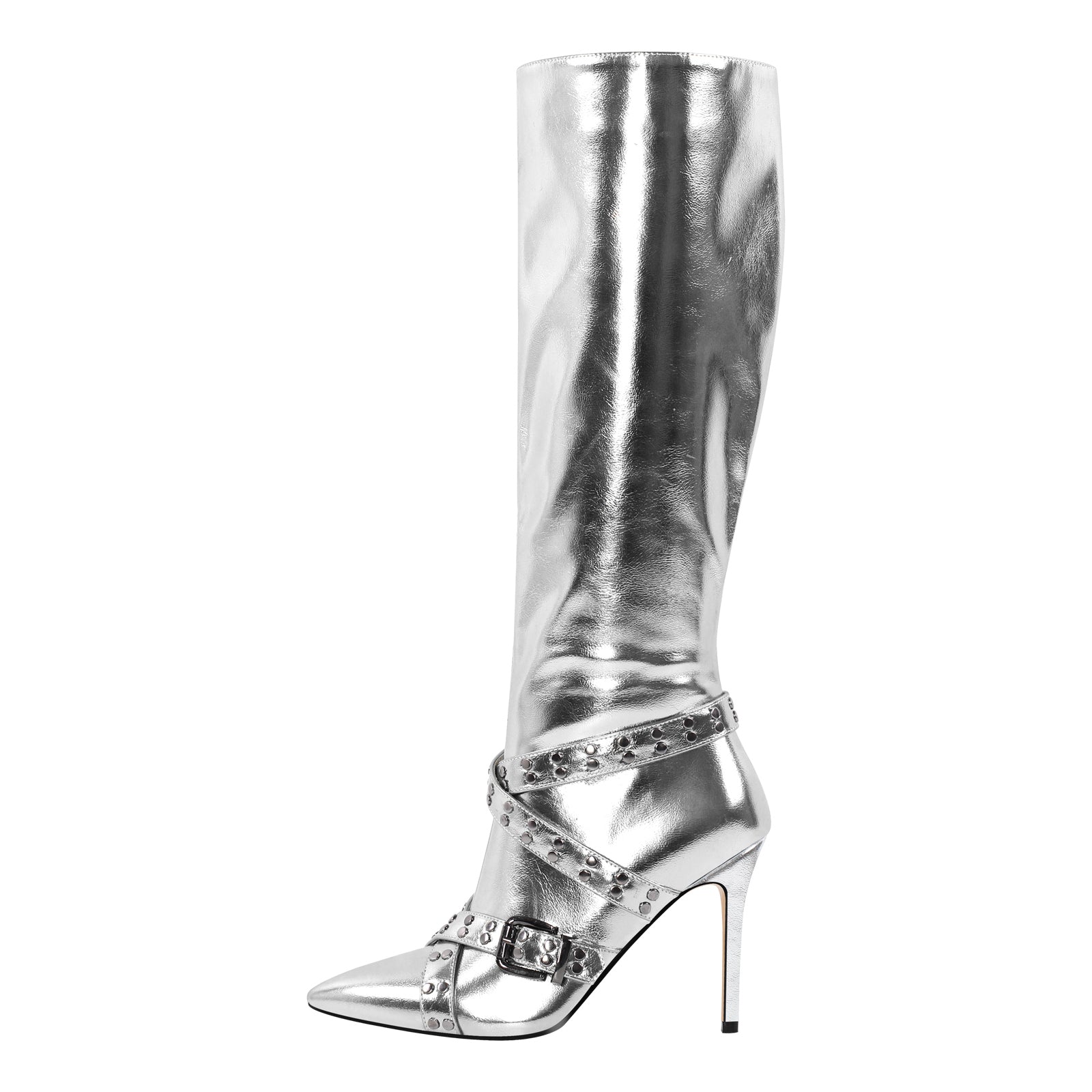 Trend4us Shiny Metallic Buckles Knee-High Boots