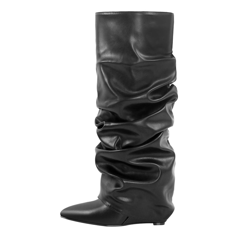 Black Pointed Toe Wedge Fold Over Knee Boots