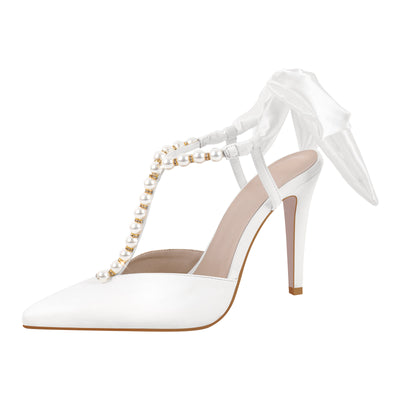White Pearl Pointed Toe Stiletto Bow Pumps