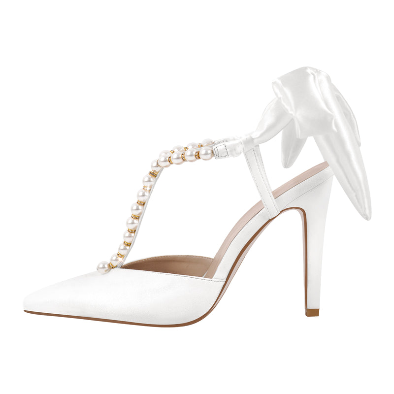 White Pearl Pointed Toe Stiletto Bow Pumps
