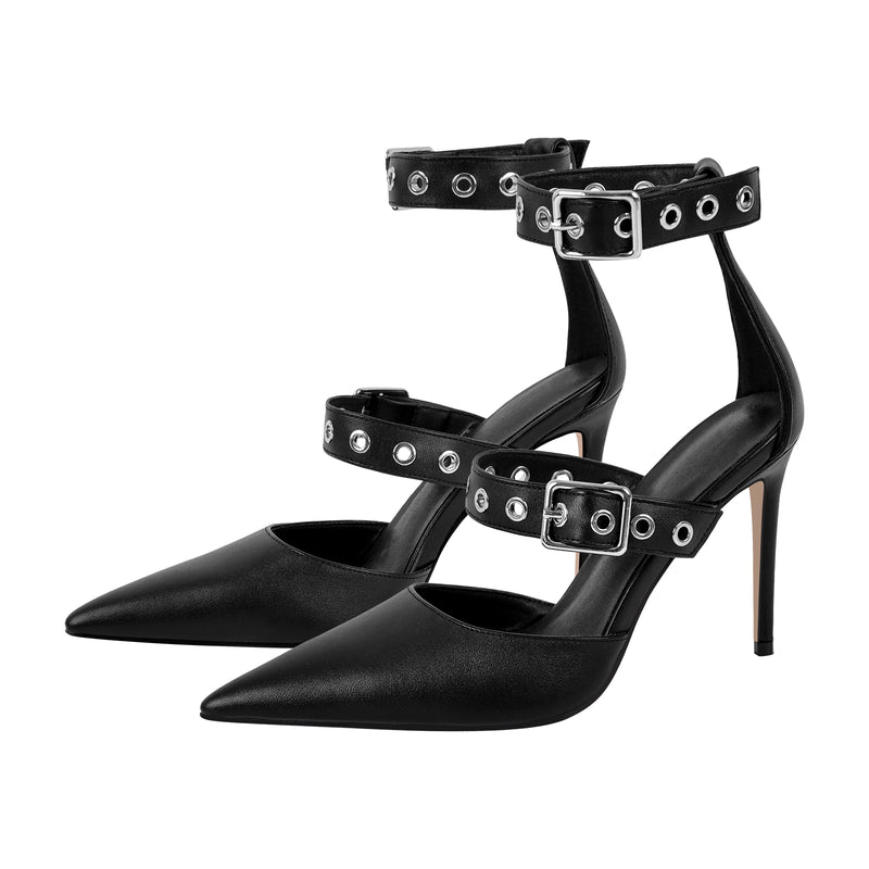 Pointed Toe Belt Buckle Ankle Strap Stiletto Pumps