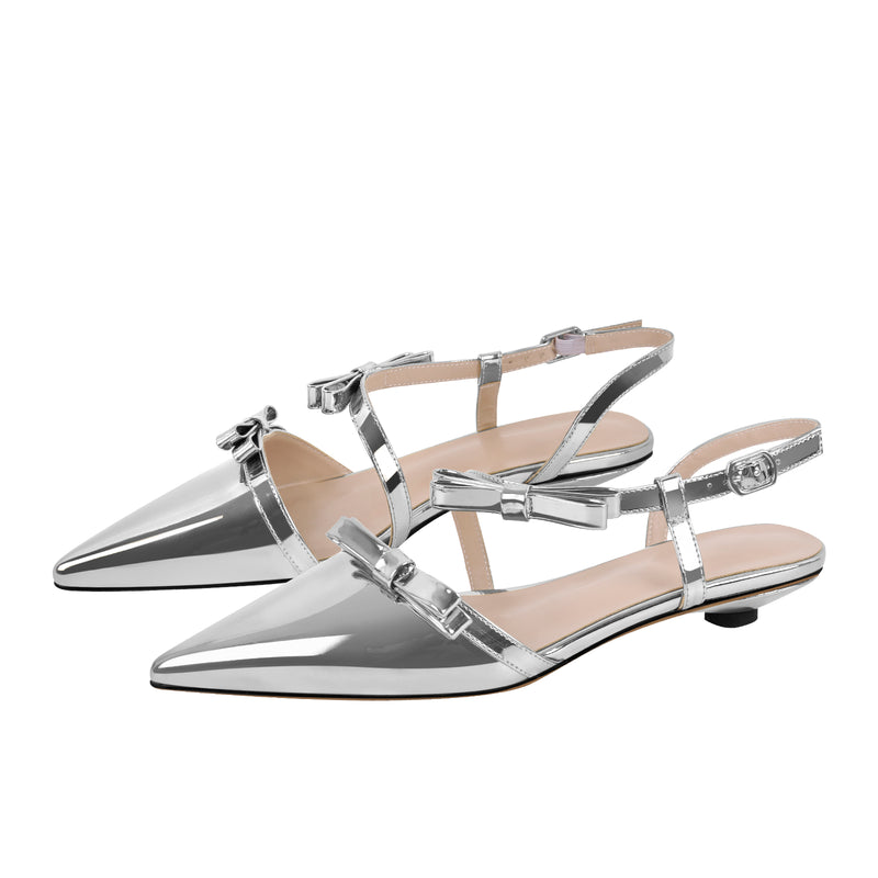 Metallic Bow Pointed Toe Round Heel Slingback Flats