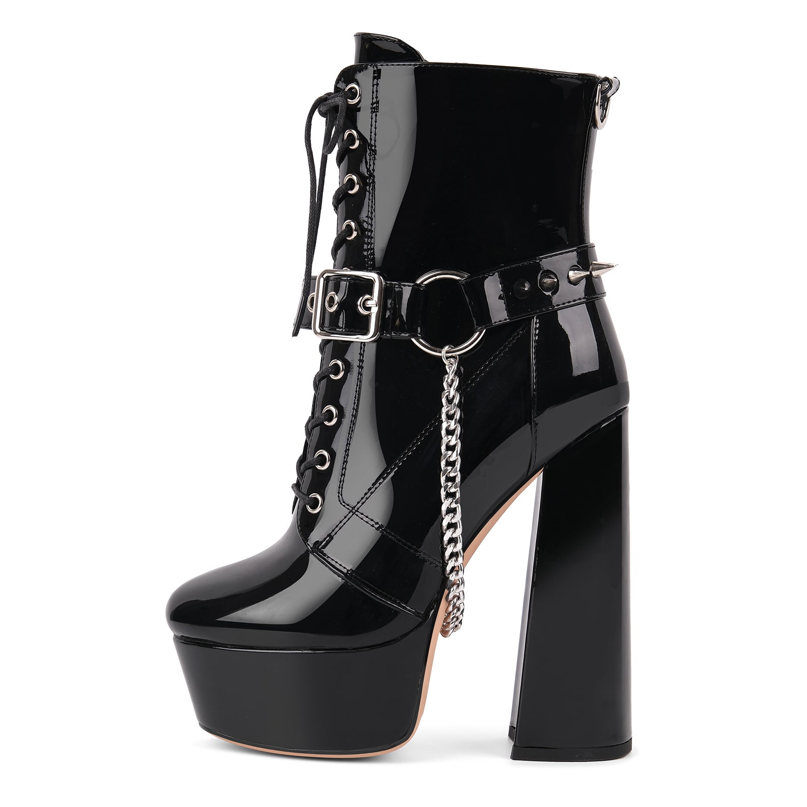 Platform Rivet Buckle Metal Chain Lace-up Ankle Boots – Onlymaker