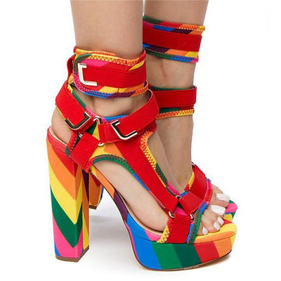 Canvas Rainbow Ankle Strap Chunky Heel Sandals