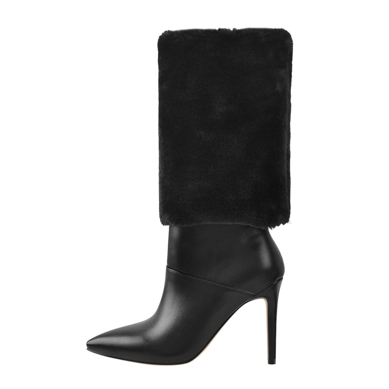 Downy White Black Pointed Toe High Heel Stiletto Boots