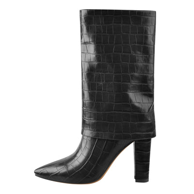 Black Pointed Toe Stone Chunky Heels Winter Boots