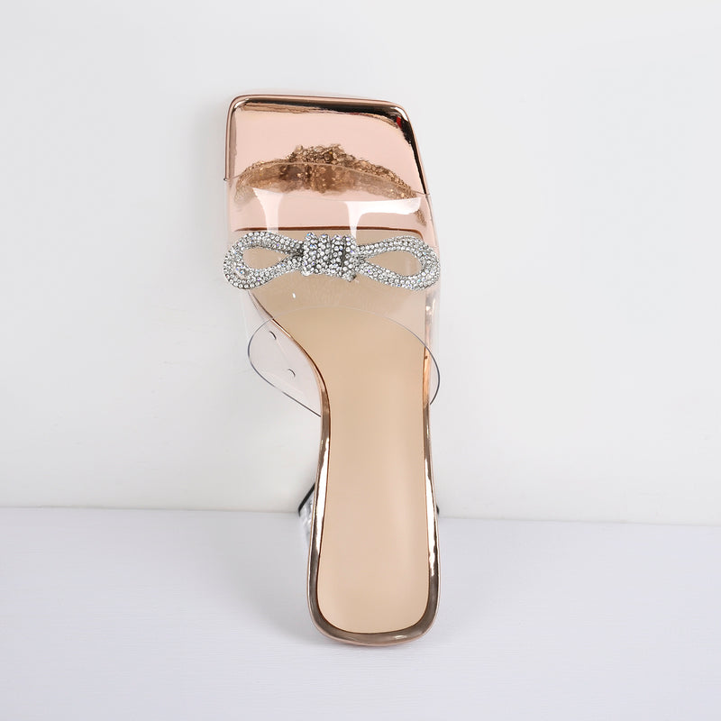 Square Toe Clear Band Diamante Bow Sandals