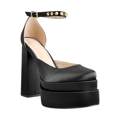 Double Platform Rivets Ankle Strap Chunky Heel D'Orsay Pumps