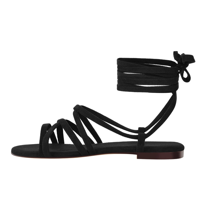Black Suede Lace Up Sandals Flats