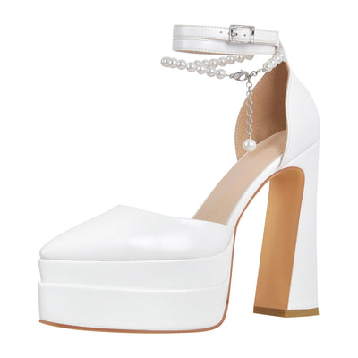 White Pointed Toe Platform Chunky Pumps