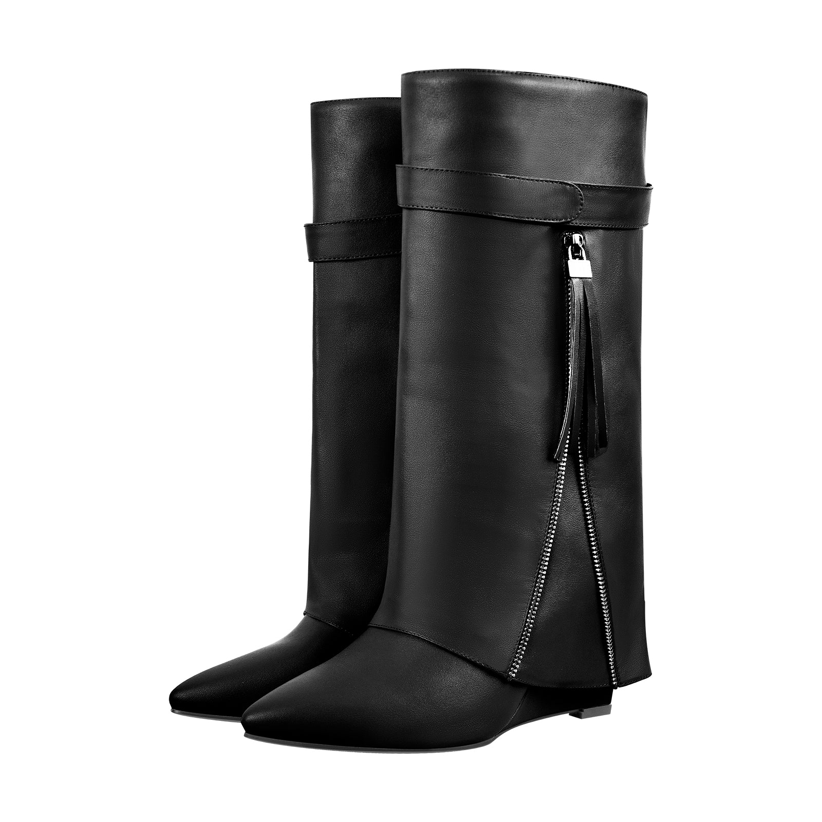 Pointed Toe Side Tassel Zipper Fold Over Boots Onlymaker