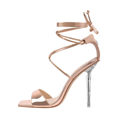 Square Toe Lace-up Clear Heel Sandals
