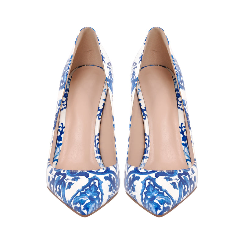 Blue and White Pattern Pointed Toe Pumps