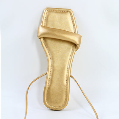 Square Toe Lace-up Strap Gold Flats