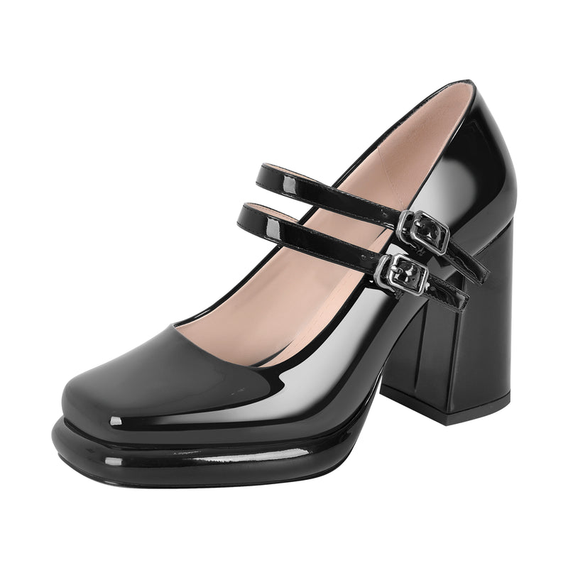 Square Toe Mary Jane Buckle Strap Chunky Heel Pumps