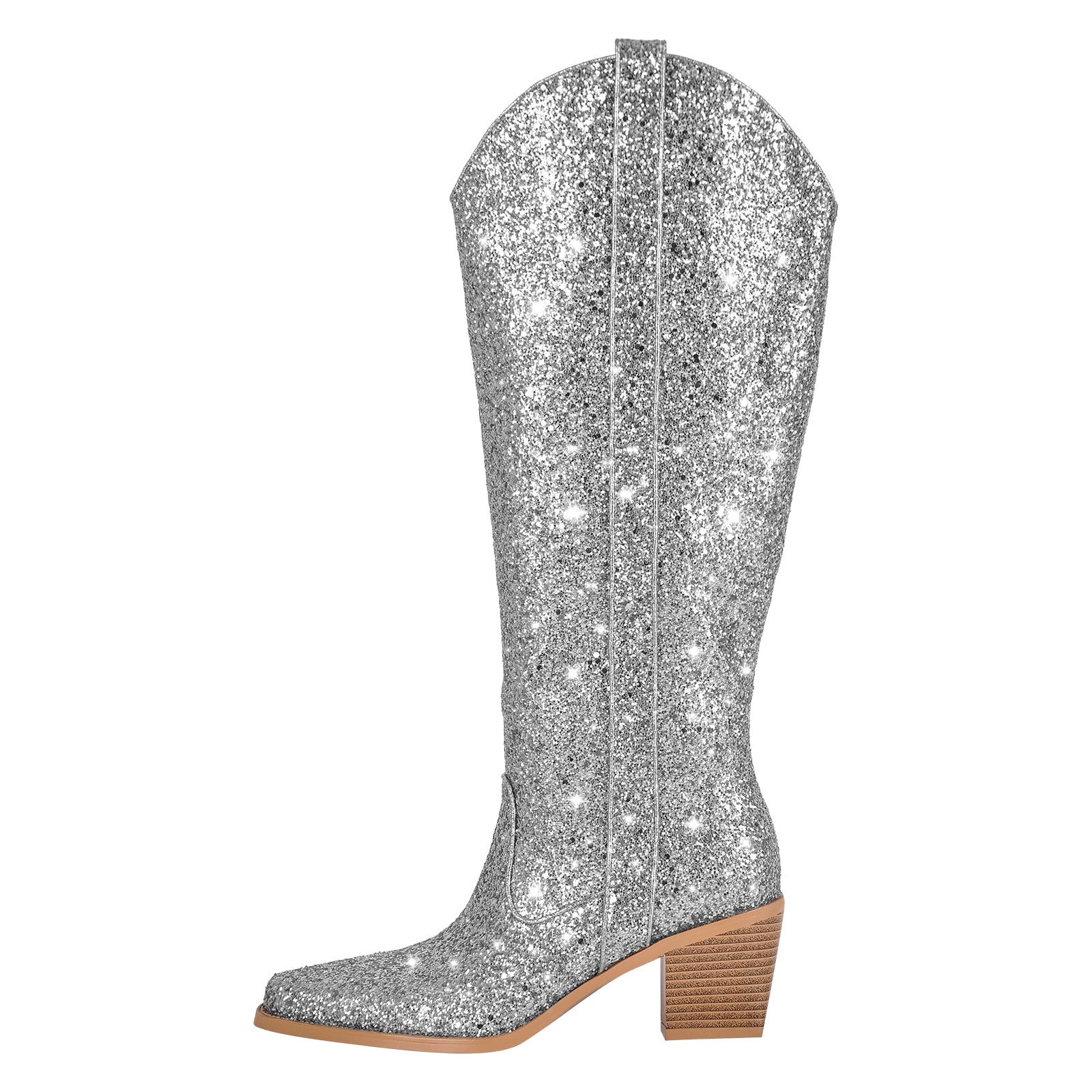 Glitter Black Mid Calf Sequins Snip Toe Chunky Heeled Boots