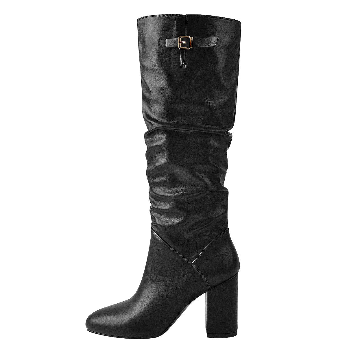 Matte Black Leather Chunky Heels Boots Onlymaker