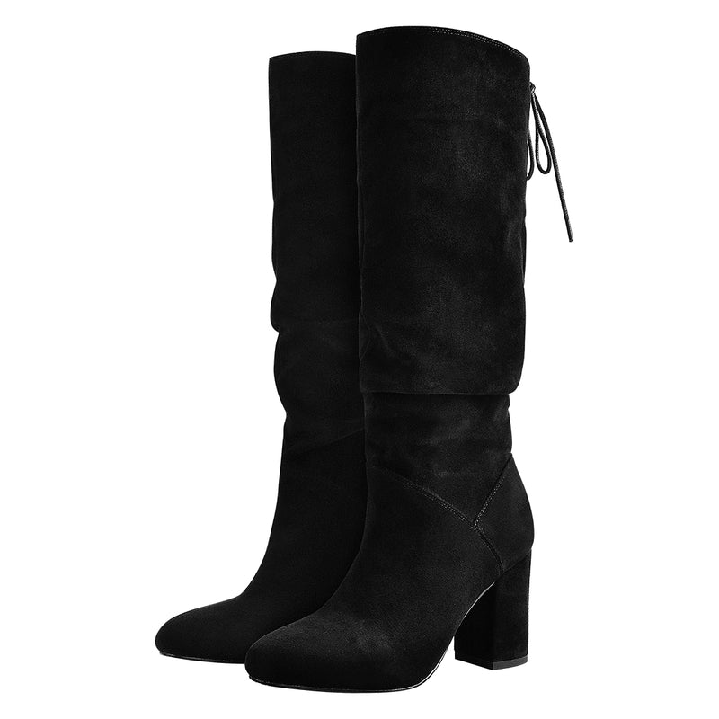 Black Suede Round Toe Chunky Heels Boots
