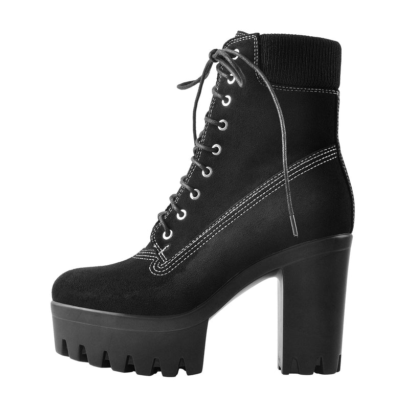 Platform Lace Up Elastic Chunky Heel Ankle Boots
