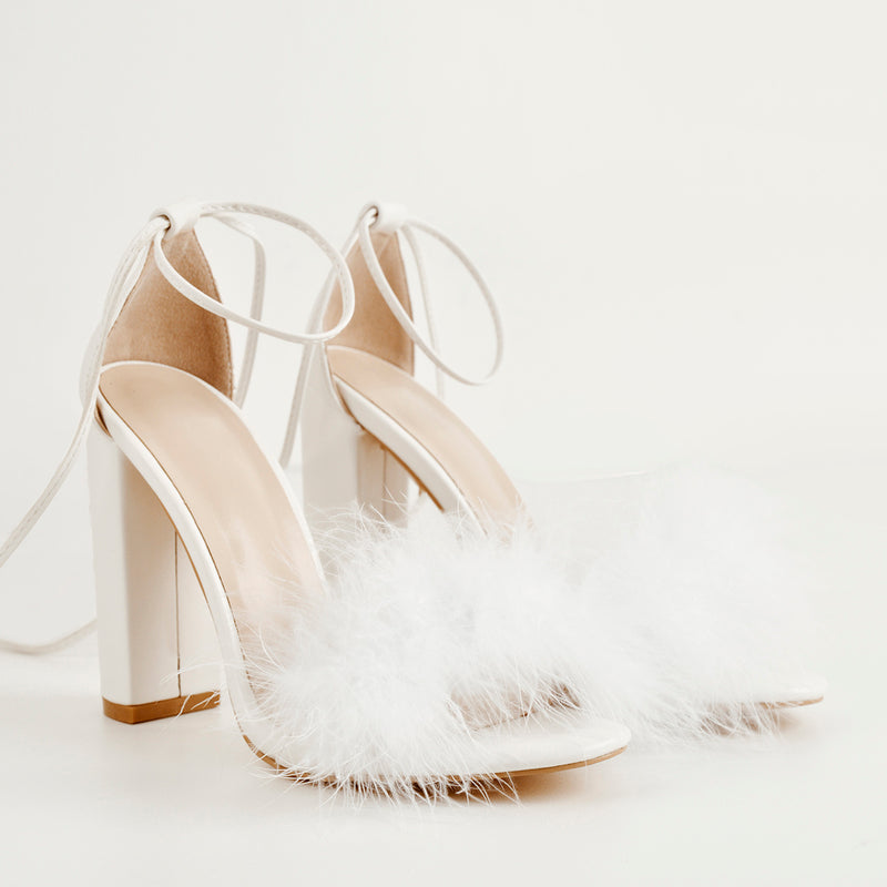 Fluffy Feather Chunky High Heel Sandals