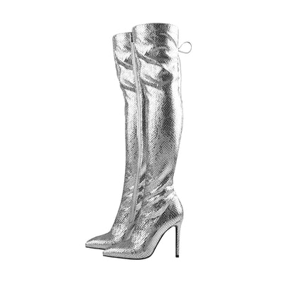 Pointed Toe Metallic Silver Thigh High Bootie