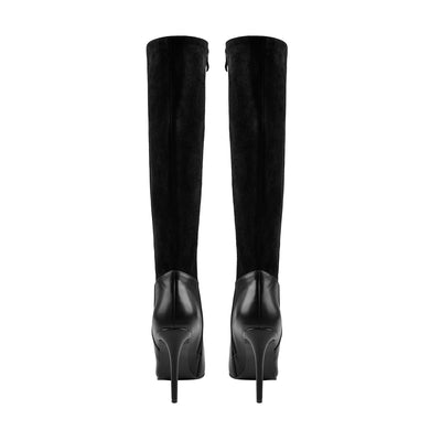 Suede Patchwork Pointed Toe Stiletto Side Zip Wide High Boots