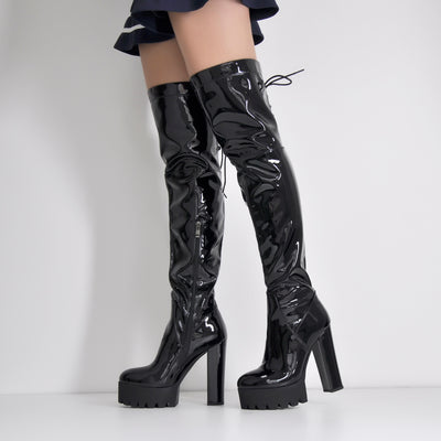 Patent Black Platform Lace Up Chunky Heels Knee High Boots