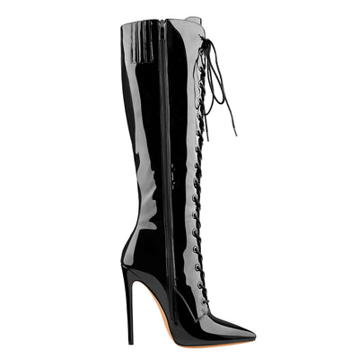 Black Patent Leather Lace Up Pointed Toe Knee High Boots