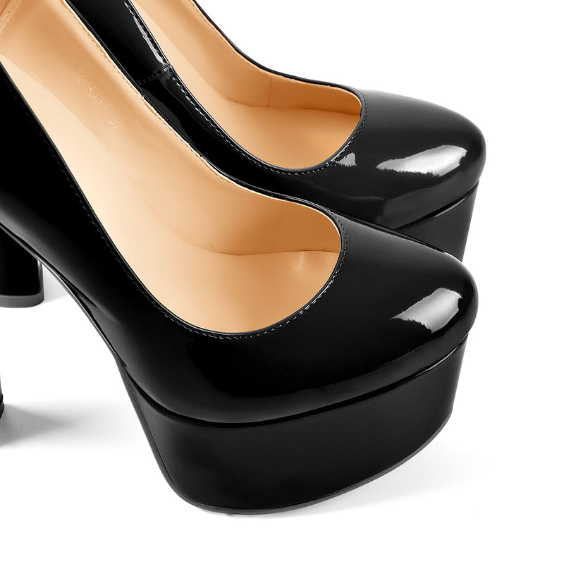 Onlymaker Pumps Black Patent Leather Platform Chunky High Heels