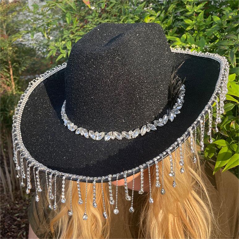 Black Fringe Rhinestone Cowboy Hat – Onlymaker