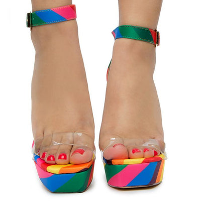 Rainbow Platform Chunky Heel Clear Ankle Strap Sandals