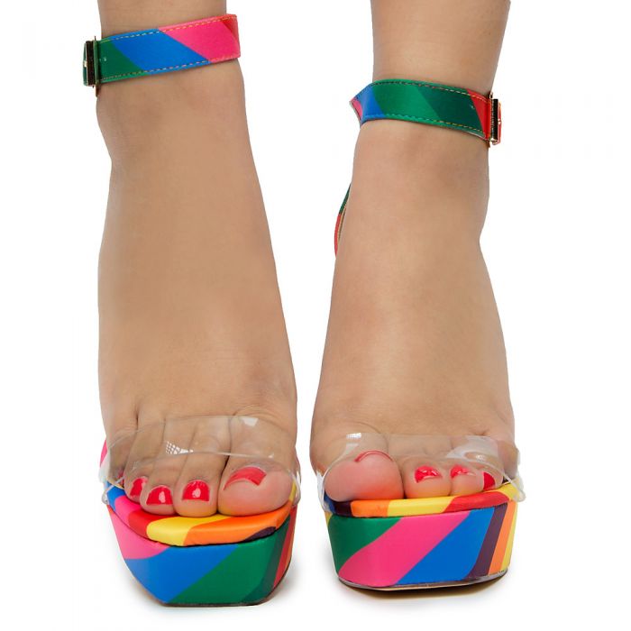 Rainbow Platform Chunky Heel Clear Ankle Strap Sandals