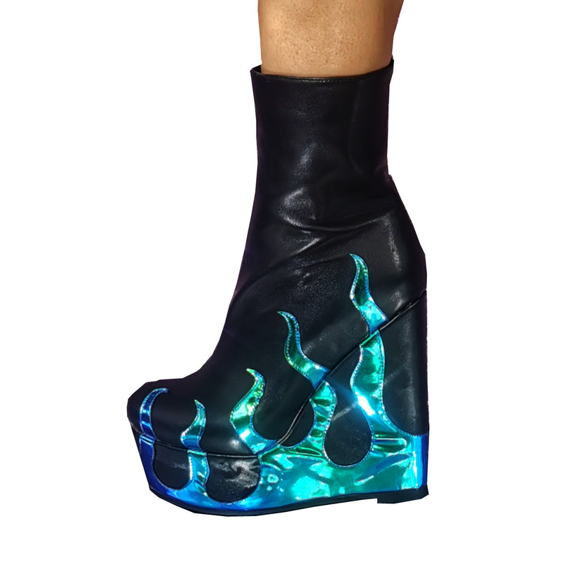 Flame Print Platform Round Toe Wedge Heel Ankle Boots