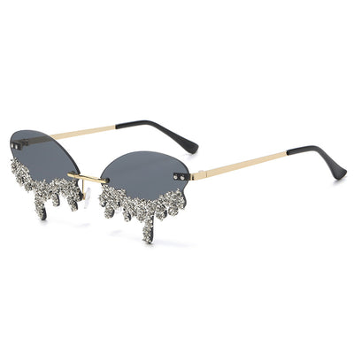 Rhinestone Tear Shape Rimless Sunglasses