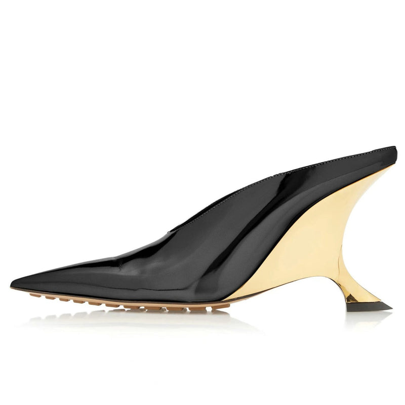 Pointed Toe Patent Leather Wedge Heel Mule Pumps
