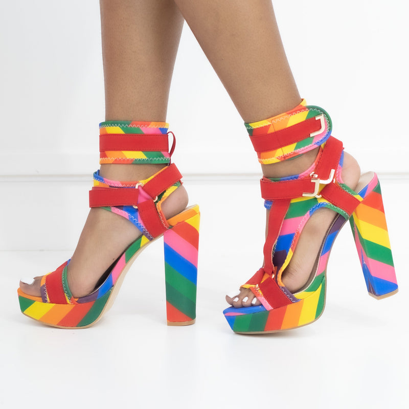 Canvas Rainbow Ankle Strap Chunky Heel Sandals