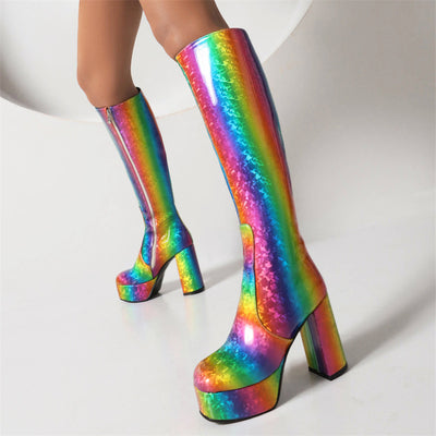Round Toe Zipper Chunky Heel Rainbow Sandals