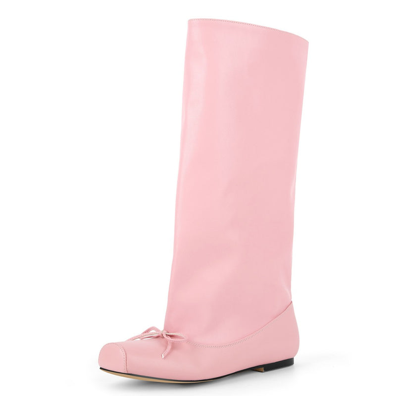 Square Toe Bow Flat Mid-Calf Boots