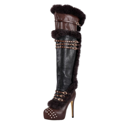 Platform Fur Rivet Buckle Thigh High Boots