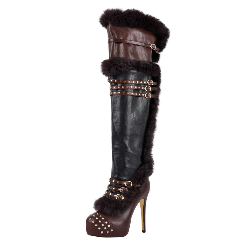 Platform Fur Rivet Buckle Thigh High Boots