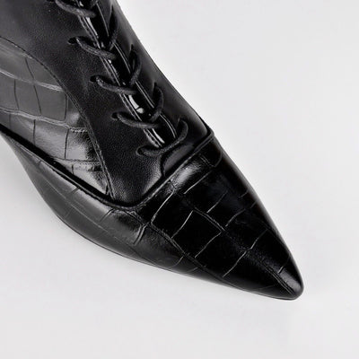 Pointed Toe Stone Buckle Lace-up Knee High Boots