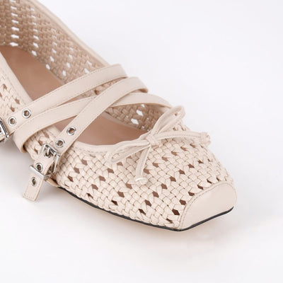 Bow Hollow Woven Buckle Strap Ballet Flats