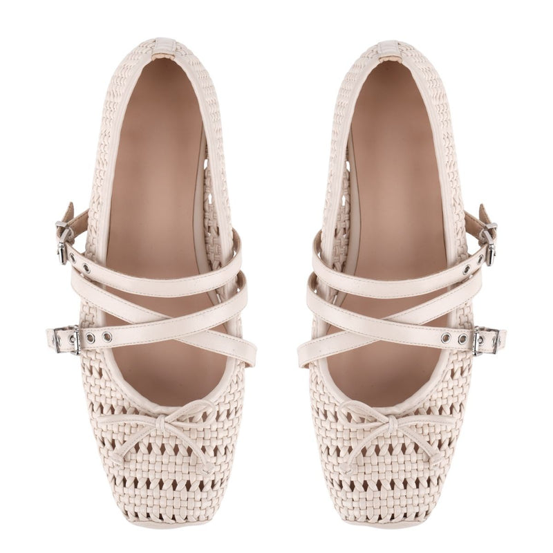Bow Hollow Woven Buckle Strap Ballet Flats